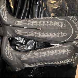 Black and Gray Embroidered Knee-High Boots